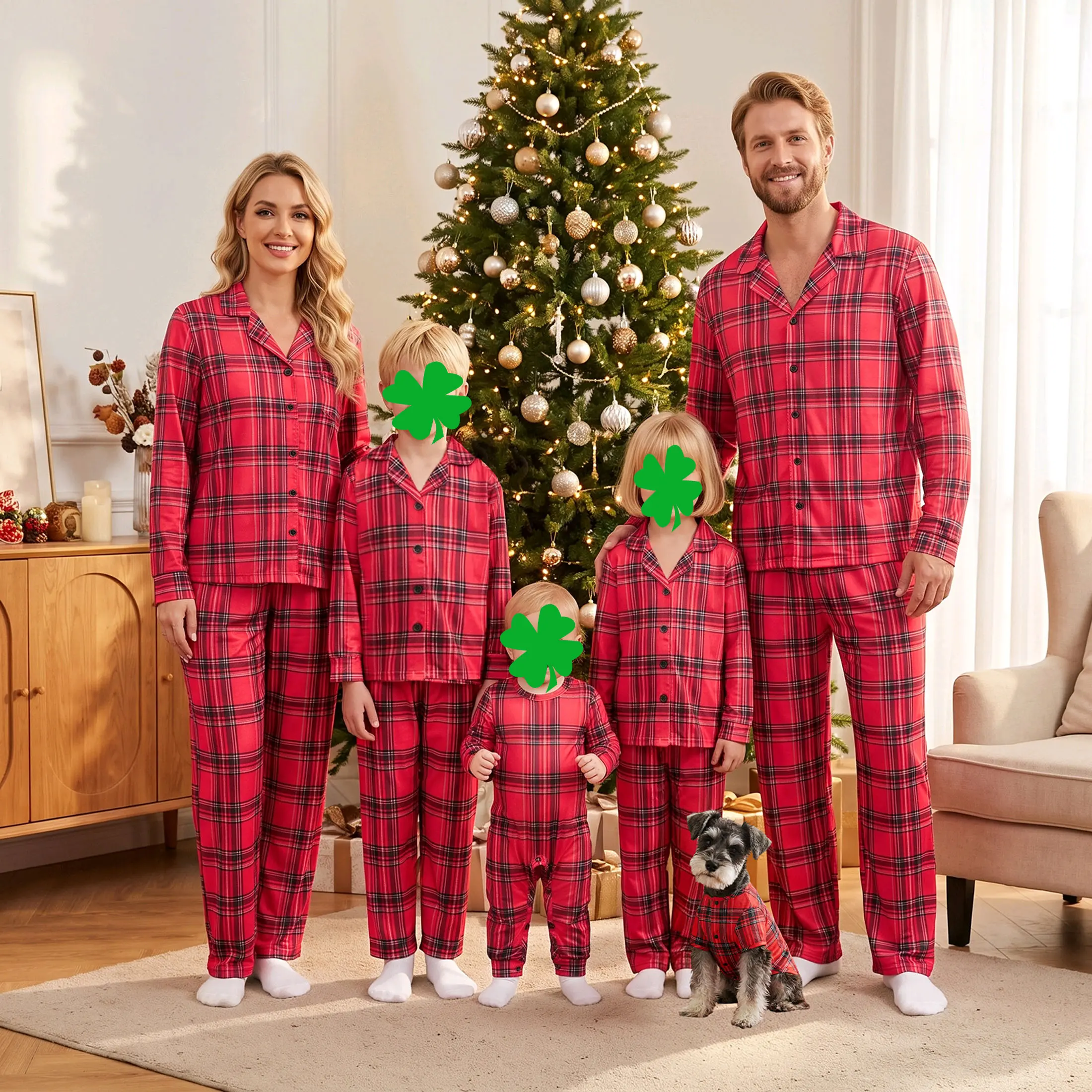 Matching Family Christmas Pajamas Red Plaid Long‑Sleeve Lapel Button‑Down Tops & Pants Holiday Loungewear Set