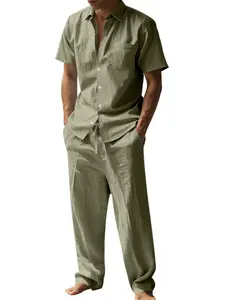 Men's 95% Premium Linen Set, Ultra-Lightweight Hooded Henley Shirt & Trousers, Breathable Resort Cruise Wear, Old Money Aesthetic