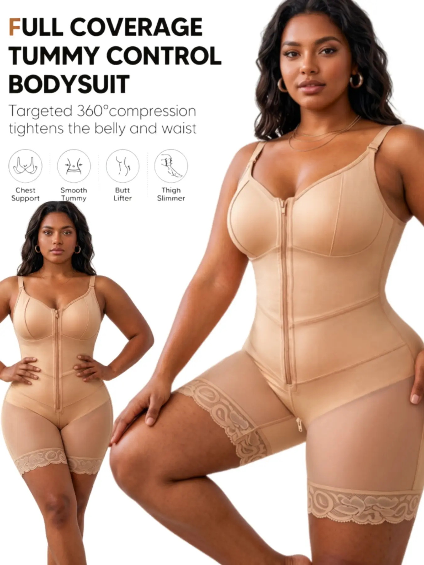 1 Count Women's Zipper Closure Body Shaperwear, Colombian Shapewear, Fajas, Butt Lifting & Tummy Control Shapewear, Lace Trim Body Shaper, Adjustable Shoulder Strap Shapewear Bodysuit, Breathable Bodysuit, Ideal For Summer Wear & Light Body Toning