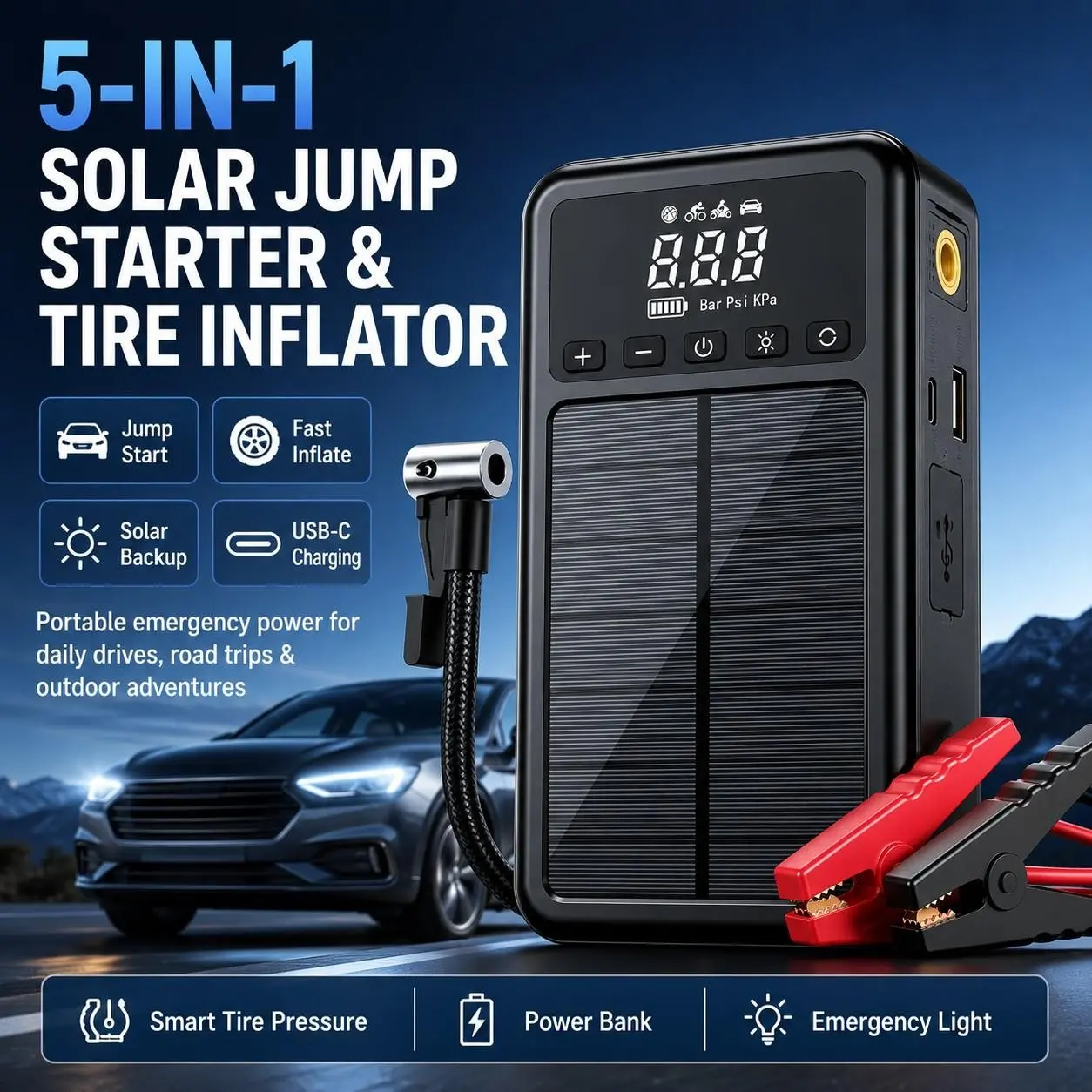 5-In-1 Solar Jump Starter with Air Compressor, 12V Car Battery Booster, Tire Inflator, LED Light, USB-C Charger for Suv Truck Motorcycle