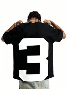 Unisex Black Drop Shoulder Short Sleeve Tee with Oversized White Number 3 Print American Varsity Retro Basketball Minimal High Street Casual Top