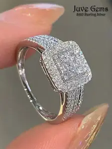 S925 Sterling Silver Fashionable Square Shaped Cubic Zirconia Statement Ring, Luxury for Women, Trendy All-match & Exquisite Jewelry for Birthday Gift