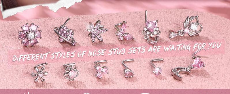 12PCS 20G Nose Rings Surgical Stainless Steel L Shaped Nose Studs for Women Men CZ Heart Butterfly Flower Leaf Moon Dangle Cute Nose Piercings Studs Screw Jewelry Pink