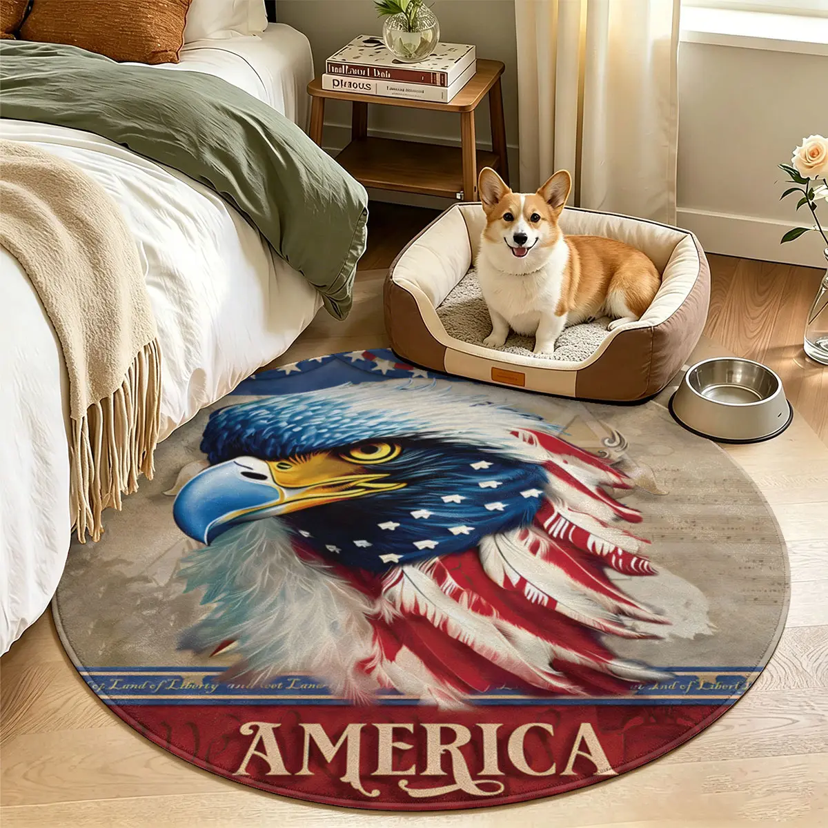 1 PC Round Silicone Dot Backing Flannel Rug,Bald Eagle+American Flag Pattern,Patterned Round Felt Rug, Dense Tuft Less Shed. Elegant Home Decor Mat For Living Room, Bedroom, Perfect For Pet Households
