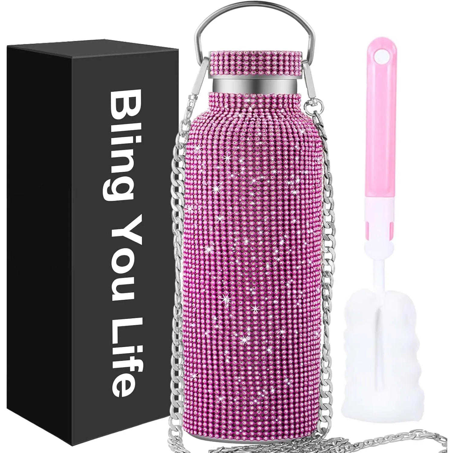 Bottle Rhinestone,Cup,Glitter Stainless Thermal Bottle with 55In Chain,Sparkly Gifts for Girls,Rhinestone for Anniversary,Birthday(Pink)