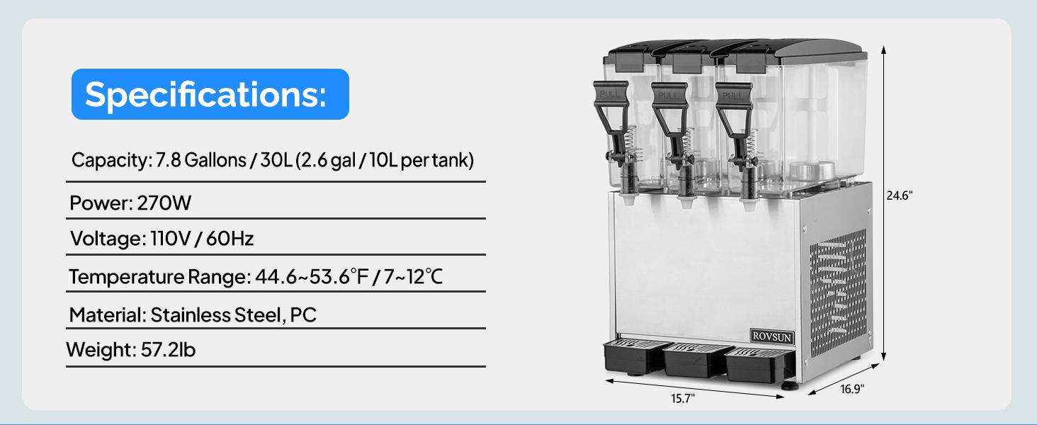 ROVSUN 7.8 Gal/30L Commercial Beverage Dispenser, 10L X 3 Tanks Commercial Juice Dispenser Cold Drink Dispenser Stainless Steel with Thermostat Controller for Home Restaurant Bar Party 110V/60HZ
