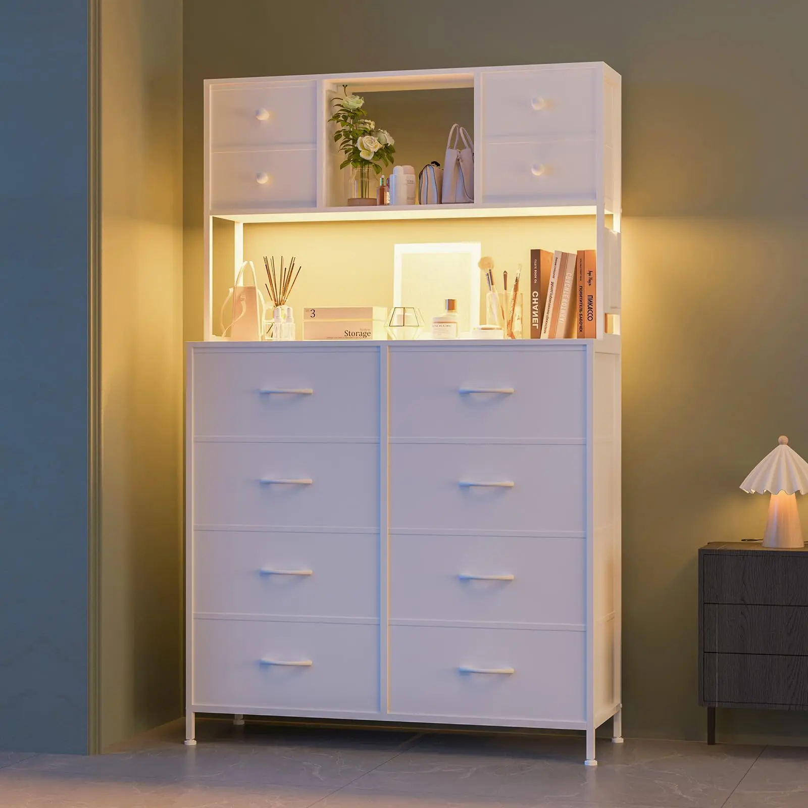 12 Drawer Fabric Dresser with Charging Station & LED Light – Tall Storage Cabinet, Open Shelves, Metal Frame, Wooden Top – Large Bedroom Chest of Drawers
