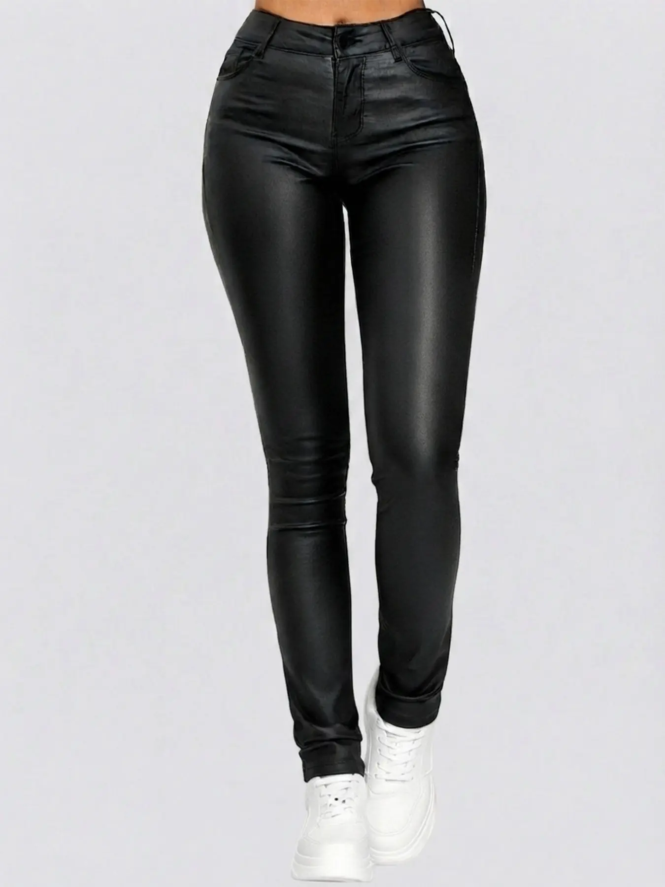 Women's Minimalist Aesthetic Street Basic Plain High Waist Slim Skinny Pants, Casual Solid Pocket High Rise PU Leather Trousers for Fall & Winter, Fashion Women's Bottoms for Daily Wear, 2026 Summer Tops
