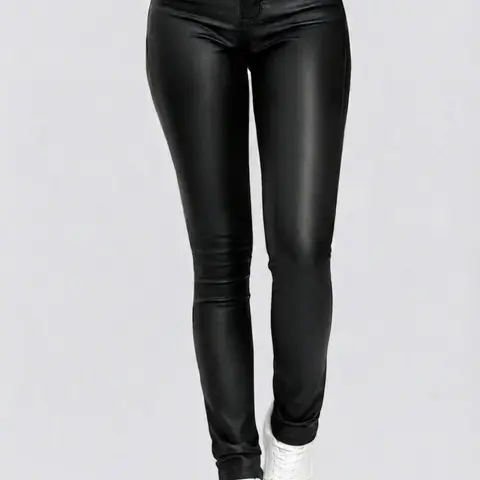 Women's Minimalist Aesthetic Street Basic Plain High Waist Slim Skinny Pants, Casual Solid Pocket High Rise PU Leather Casual Fit Trousers for Fall & Winter, Fashion Women's Bottoms for Daily Wear, Casual Style Bottoms, 2026 Summer Tops