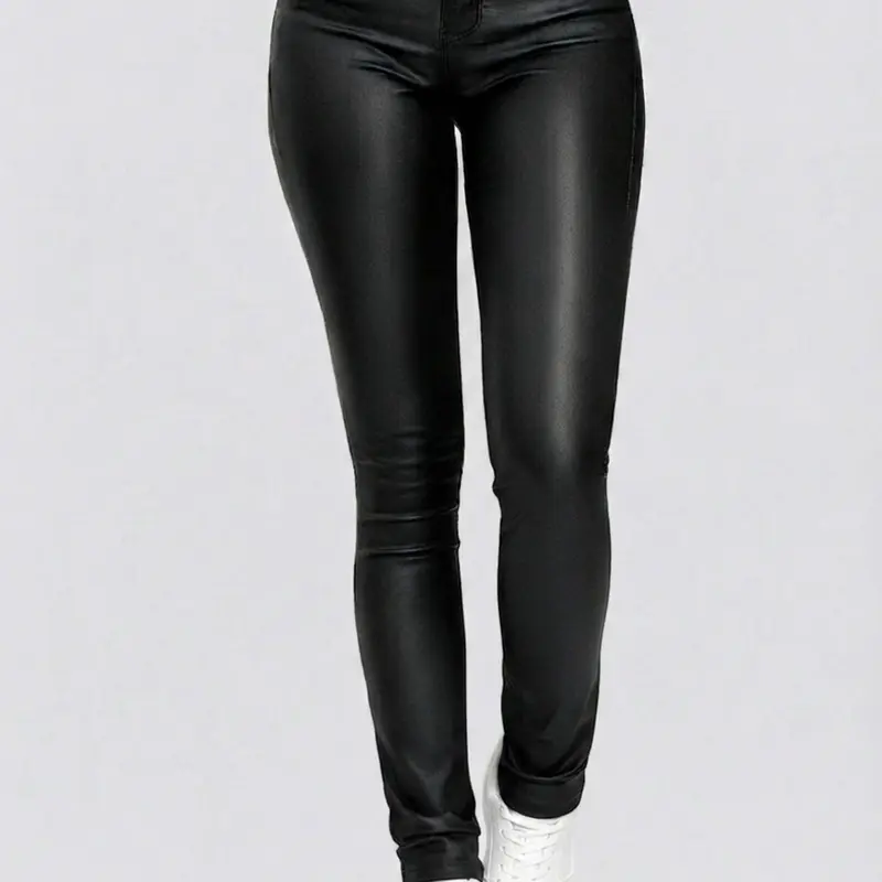 Women's Minimalist Aesthetic Street Basic Plain High Waist Slim Skinny Pants, Casual Solid Pocket High Rise PU Leather Casual Fit Trousers for Fall & Winter, Fashion Women's Bottoms for Daily Wear, Casual Style Bottoms, 2026 Summer Tops