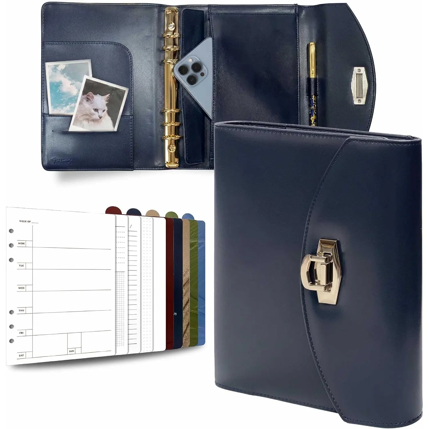 Terence A5 PU Leather 6-Ring Binder Planner with Metal Ballpoint Pen, Modern A5 Binders for Organizer Storage, Compatible with 6-Hole Punch Paper Sheets