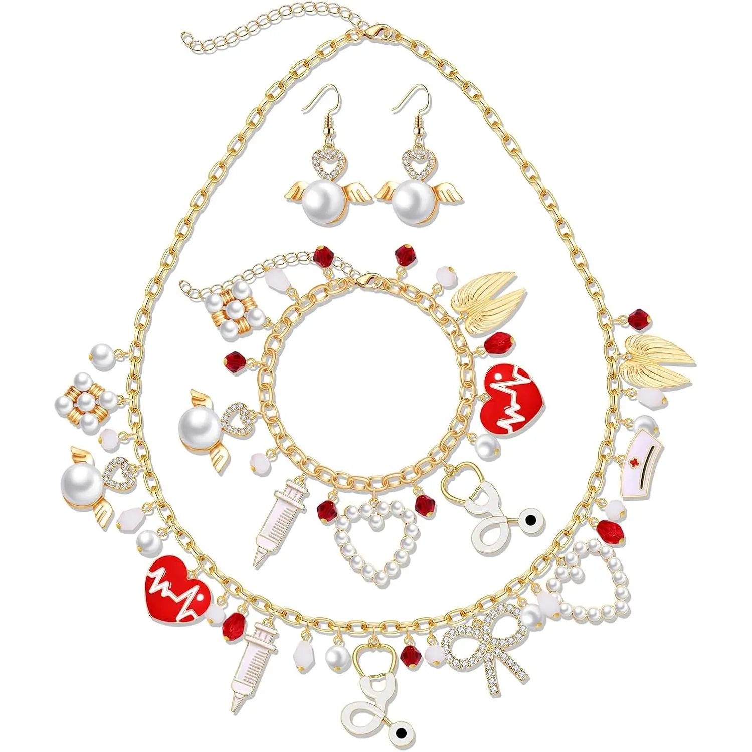 Women's Mexican Alloy Plastic Beads Jewelry Set - Cinco De Mayo Charm Dangles, Heartbeat Motifs Necklace, Bracelet, Dangle Earrings, Ideal Gifts for Carnival Events Female Jewelry, Nickel Lead-Free