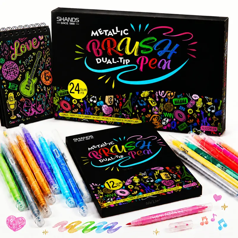 12/24 color dual-tip metal art marker set featuring a brush tip and a fine tip. Made with quick-drying, fade-resistant ink, these markers write smoothly on black paper, cardstock, glass, and various creative surfaces.