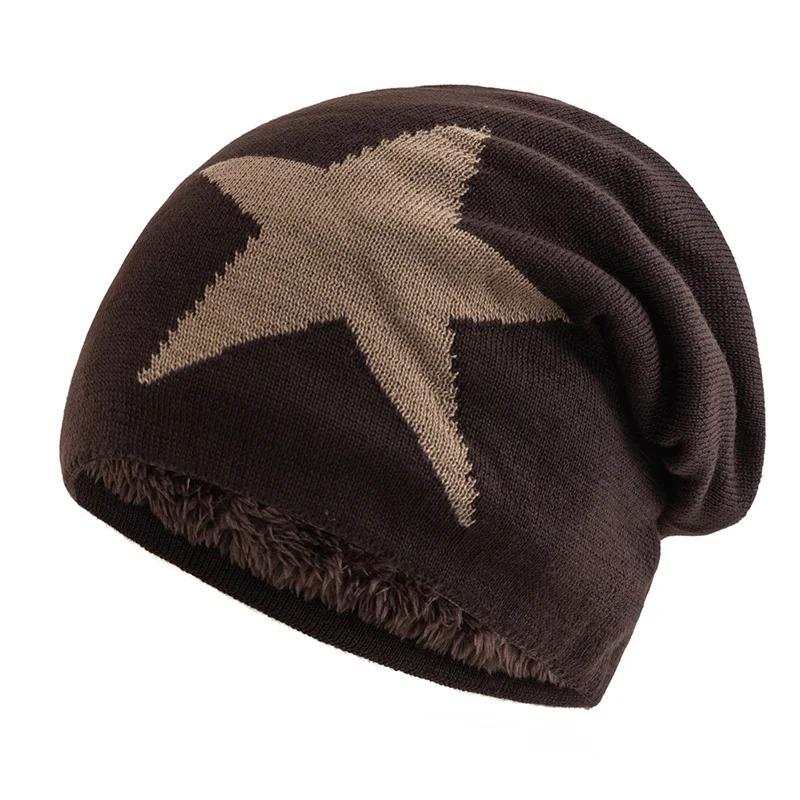 New Unisex Slouchy Winter Hats Five Star Pattern Warm Hats For Men Women Plush Fur Lined  Fashion Ski Beanie Cap