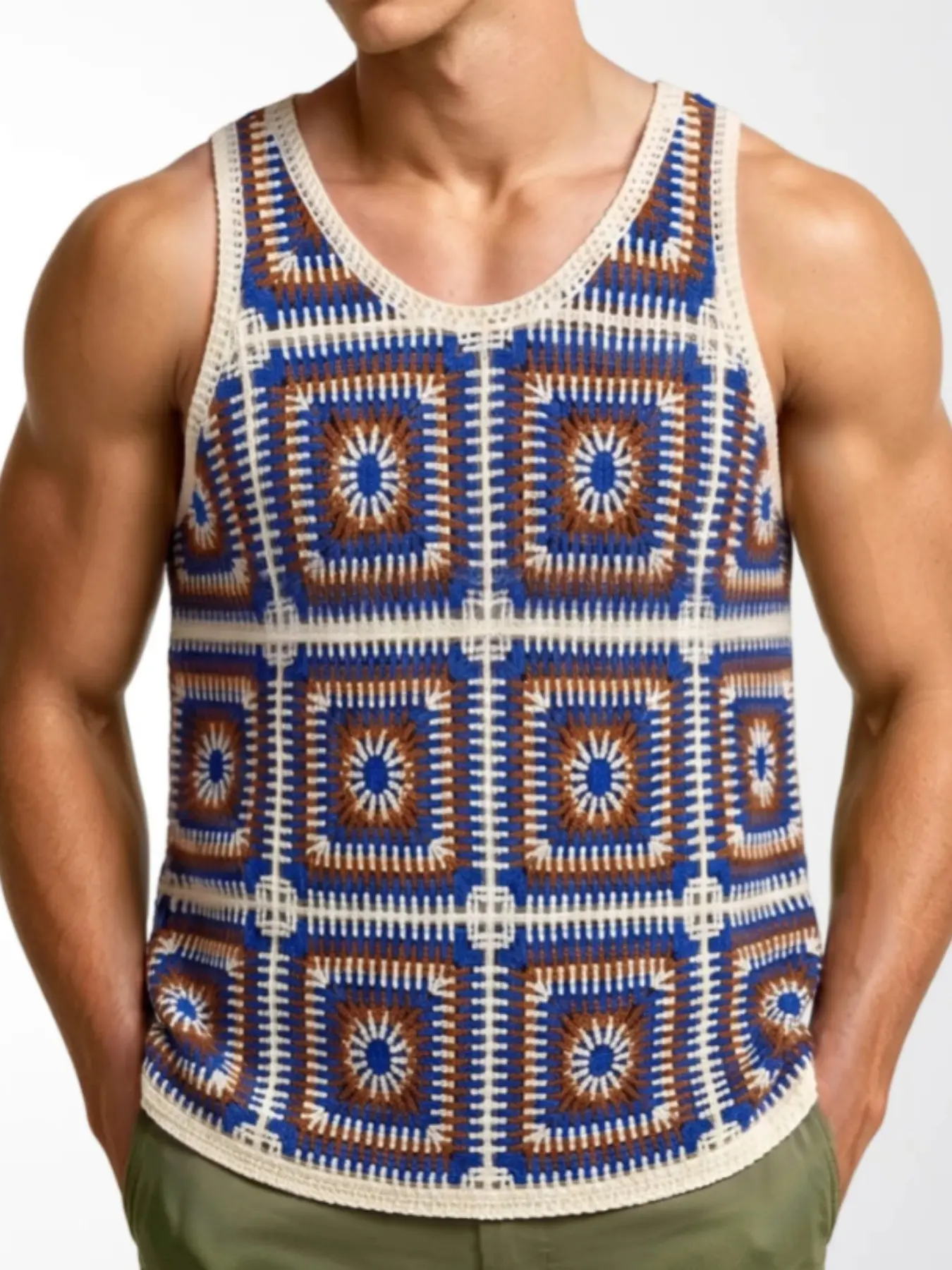 Boho Style Colorblock Knitted Vest for Men, Vintage Plaid Sleeveless Knit Jumper, Unisex Fashionable Outerwear, Perfect for Casual Wear