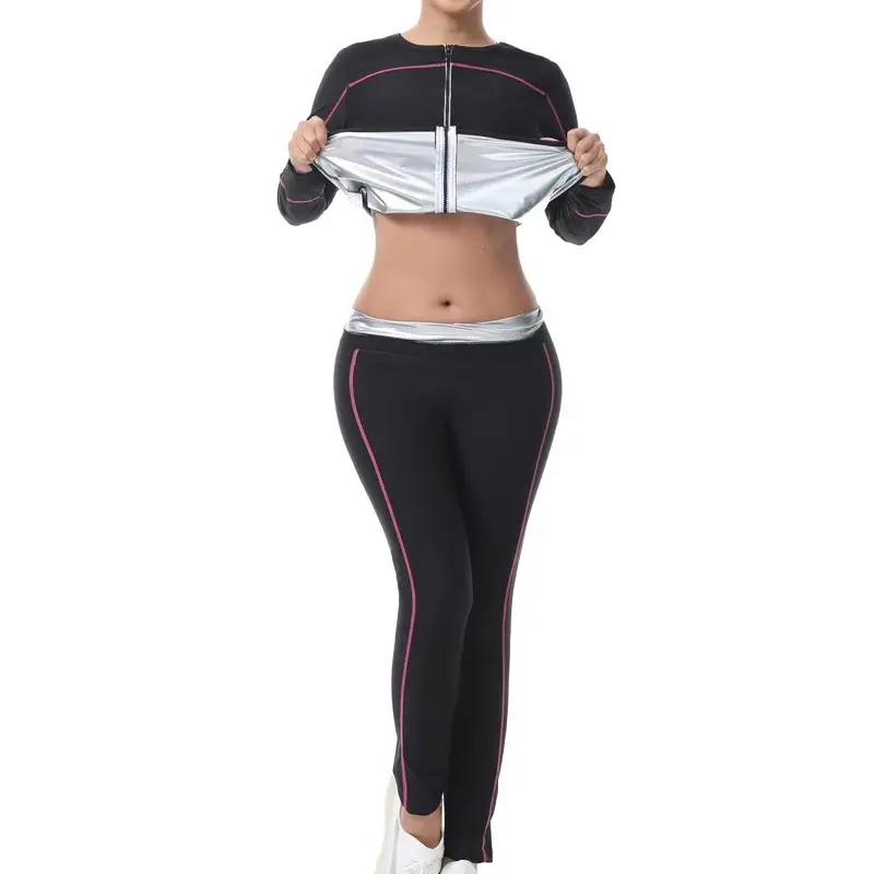 2pcs Women's Plus Size Sauna Yoga Set, Sweat-Coated Interior, Moisture-Wicking, Yoga and Fitness Wear, Plus Size Long Sleeve Top and Sauna Pants
