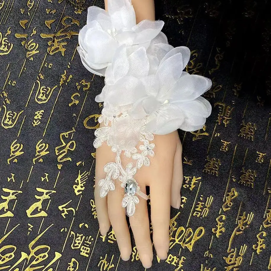 Bridal Gloves for Wedding Dress with Flowers Diamond Adjustable Drawstring Lace Wedding Accessories