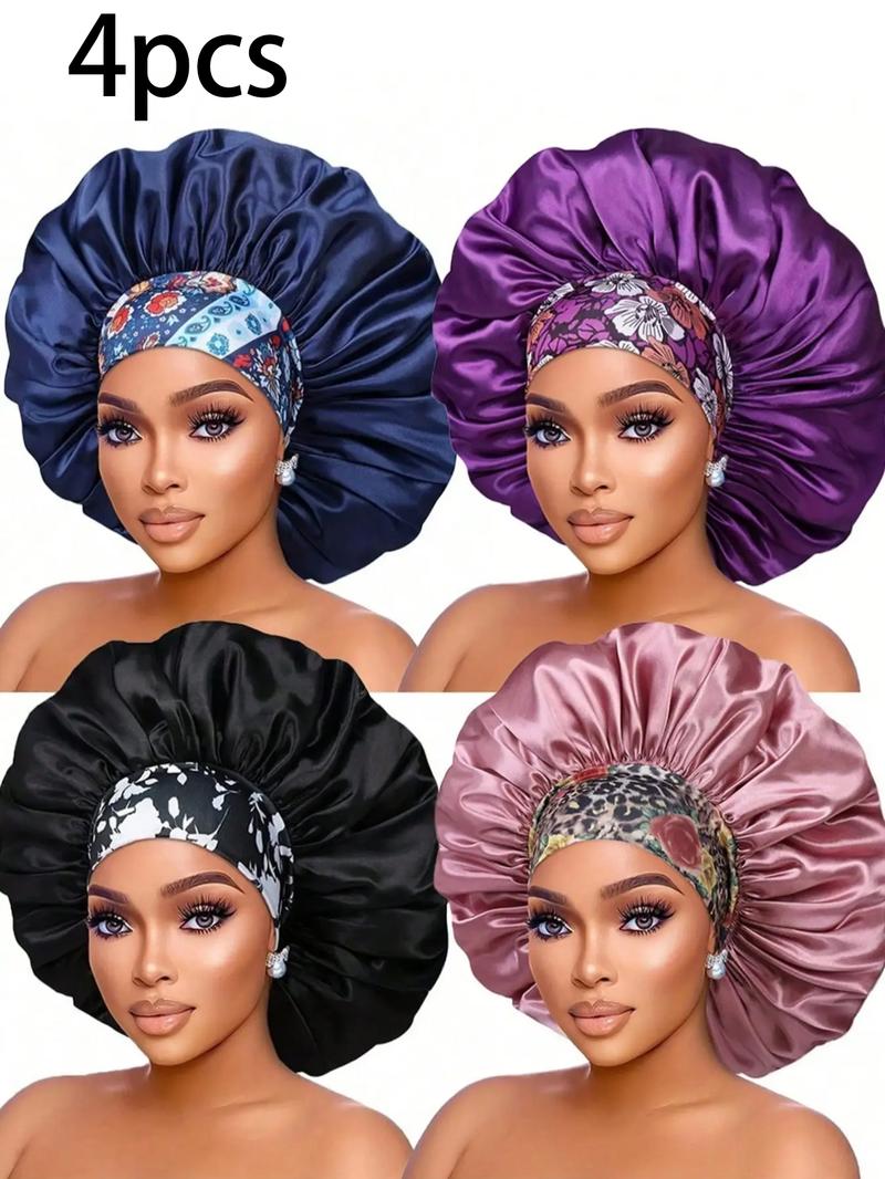 Women's Plain Color Bonnet (4pcs), Casual Fashion Ditsy Floral Print Wide Band Bonnet, Soft Comfortable Sleeping Bonnet for Women & Girls, Bonnets for sleeping