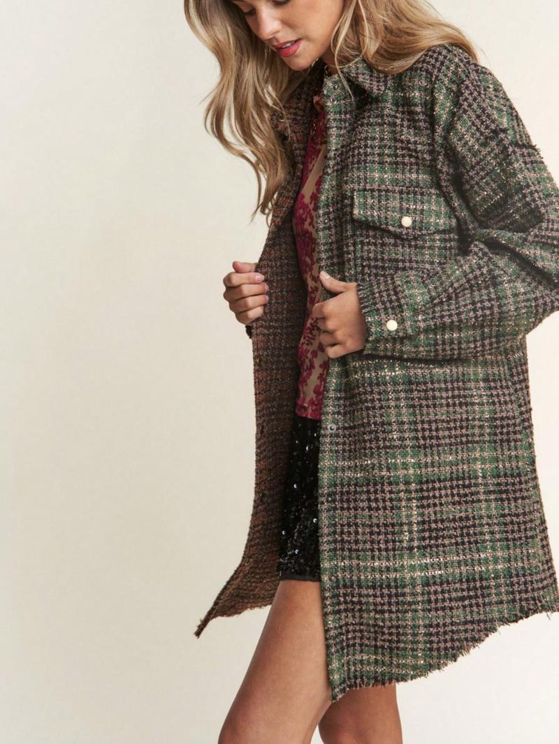 Women's Casual Jacket Vintage Snap Down Tweed Plaid Contrast Longline Shacket Misty Forest Long Sleeve Button-Down Oversized Fit Frayed Hem Comfy And Stylish Perfect For Spring/Fall/Winter Layering Everyday Wear.