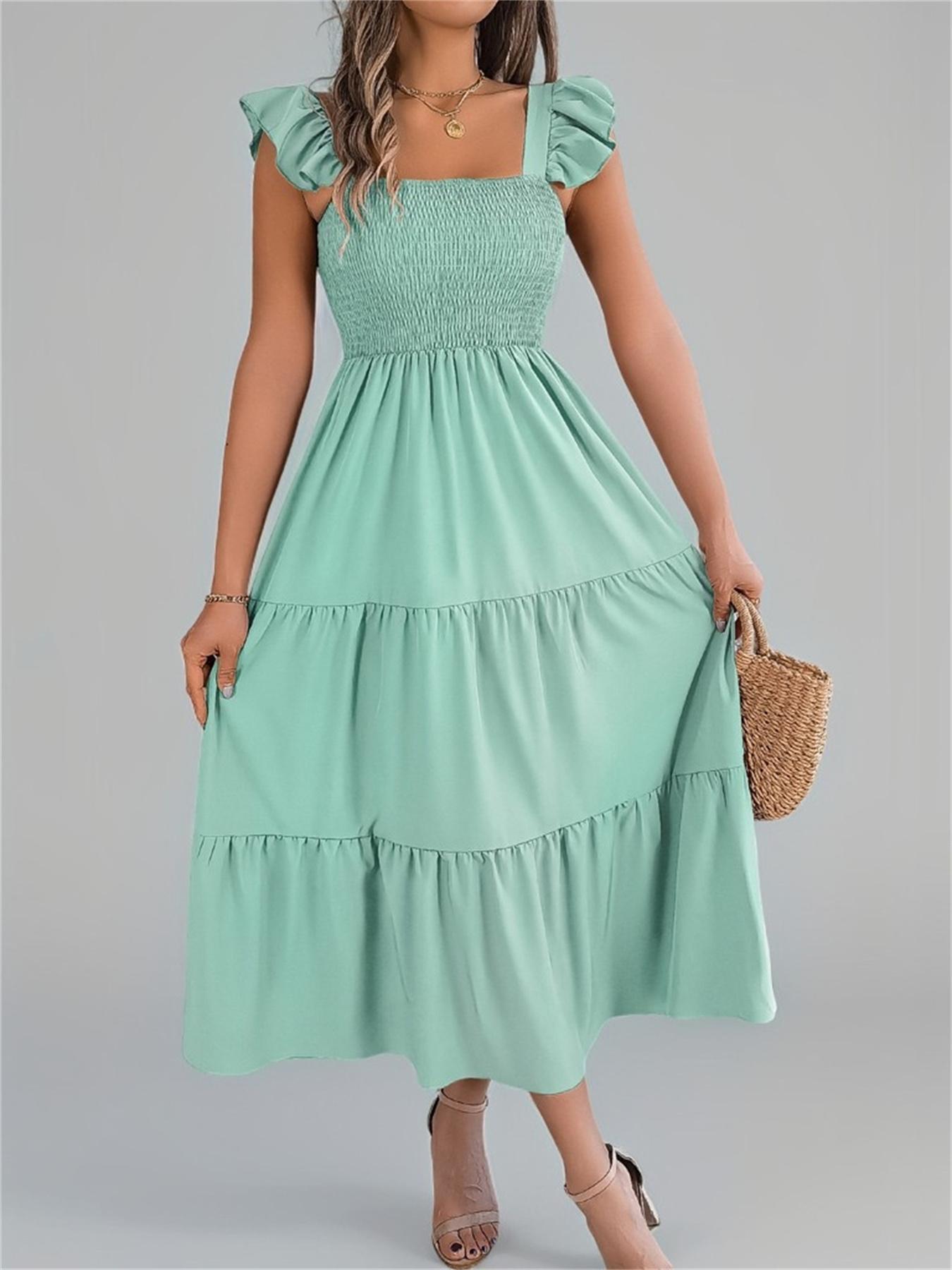 Women's Plain Shirred Dress, Casual Sleeveless Square Neck Dress for Summer, Ladies Clothes for Beach Holiday