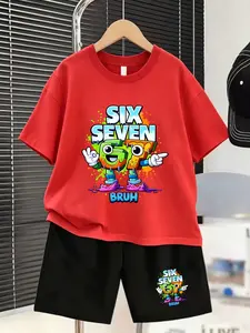 The Latest "Six Seven 67 Multi-Color Splashed Ink Drop" Character Print Short-Sleeved And Short-Pant Casual Wear For Boys - A Summer Two-Piece Set That Is Fashionable And Cool, Perfect For A Street Style!