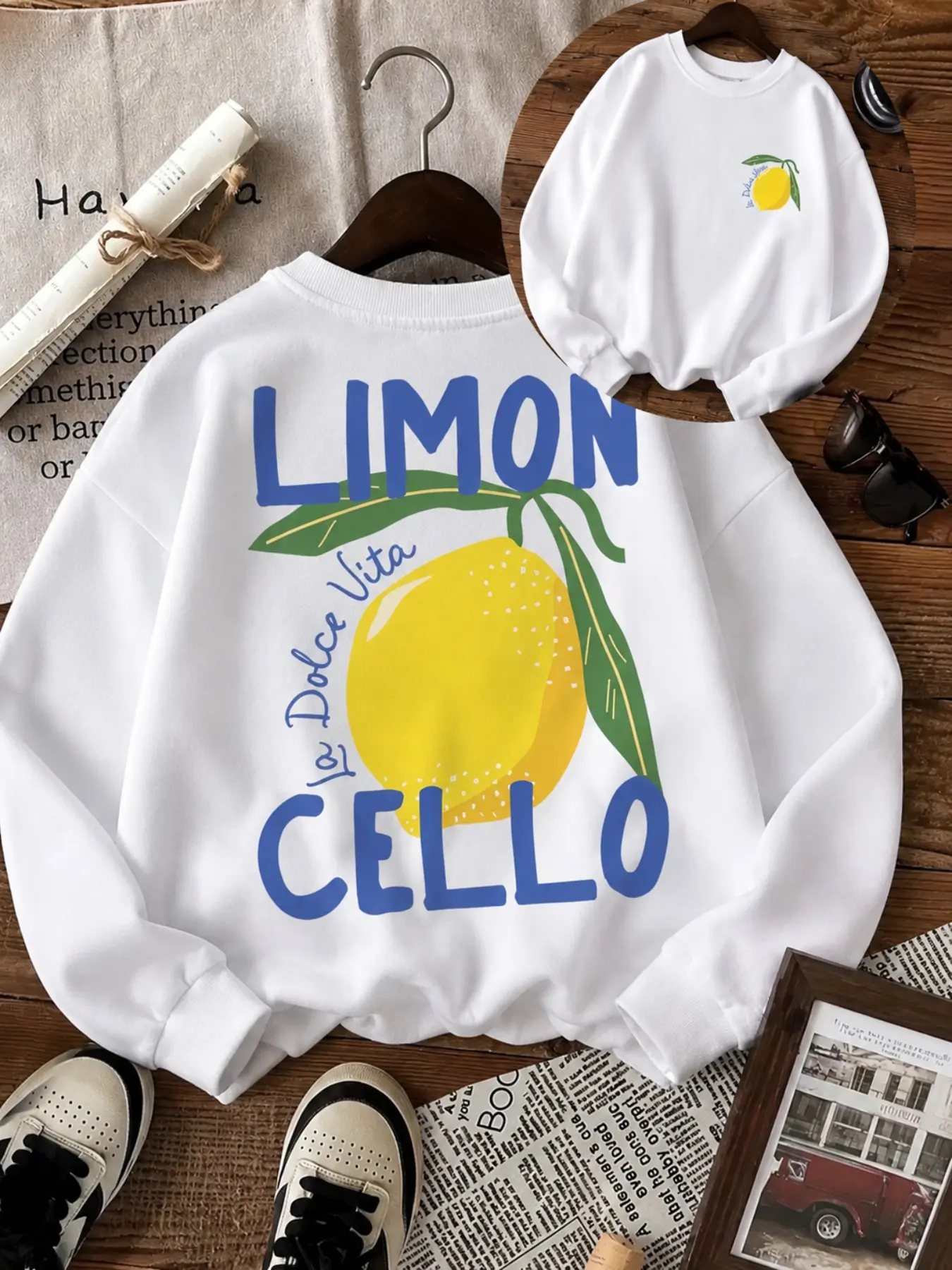 American Vintage Lemon Letter Print Round Neck Sweatshirt for Women, Loose-Fitting Long Sleeve Casual Top, Fun Fruit Pattern, Multicolor