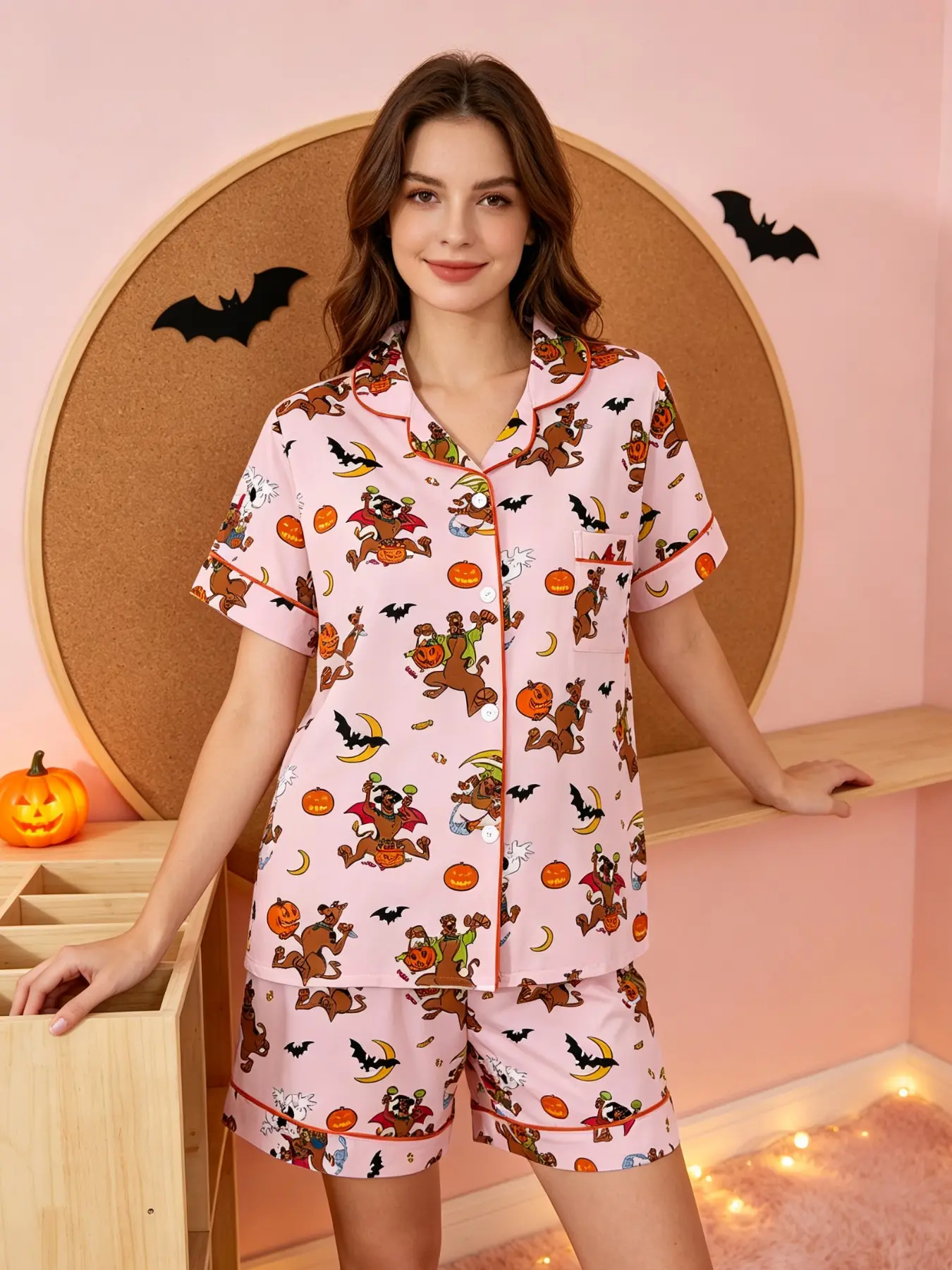 Women's Halloween Pajama Set, Fitted Short Sleeve Top & Shorts, Cartoon Pattern, Casual Sleepwear, Two-Piece, Home Wear