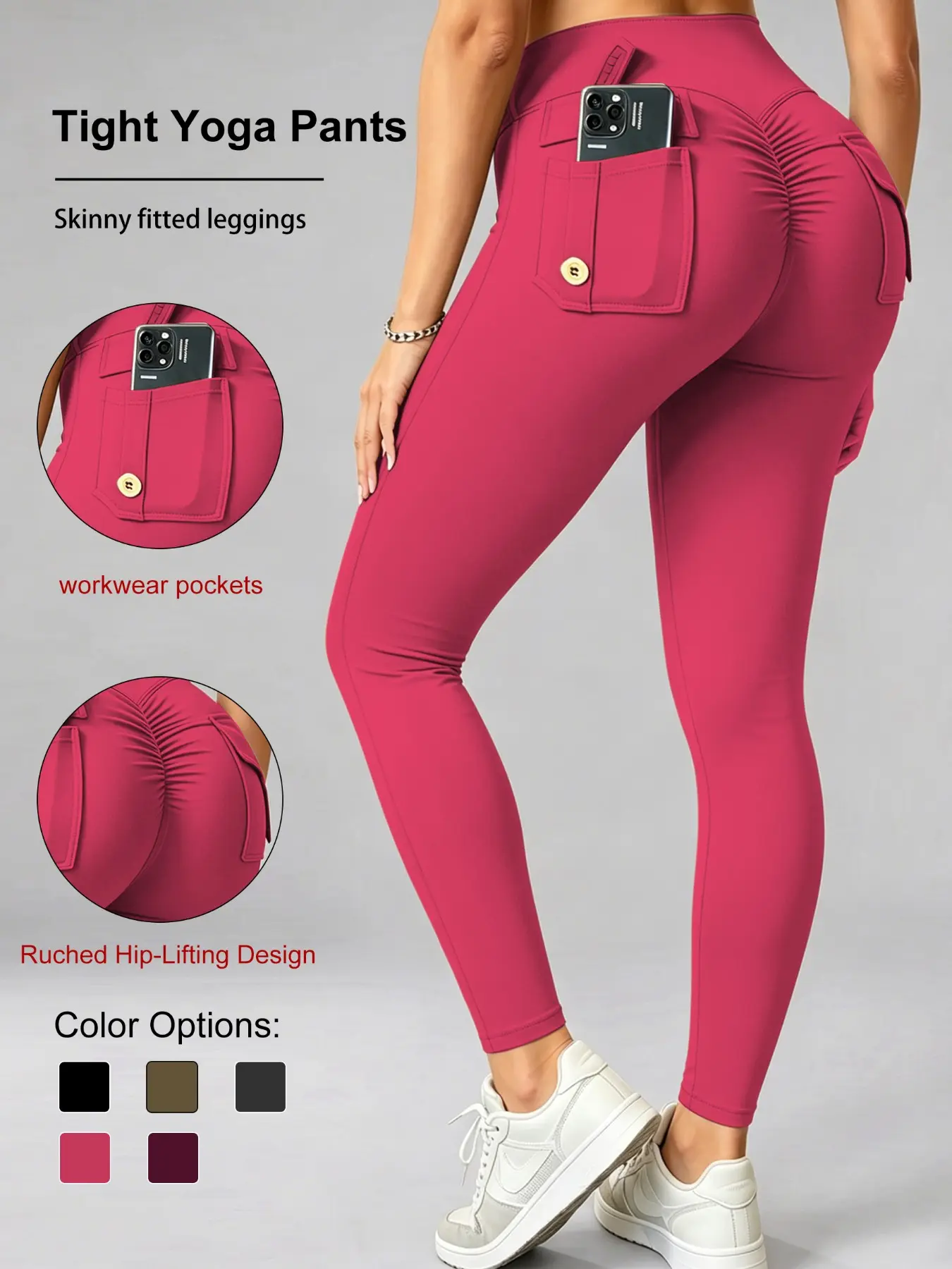 women‘s Cargo Scrunch Butt Lifting Leggings , High Waisted Tummy Control Yoga Pants with Workwear Pockets, Stretchy Ruched Booty Workout Running Tights