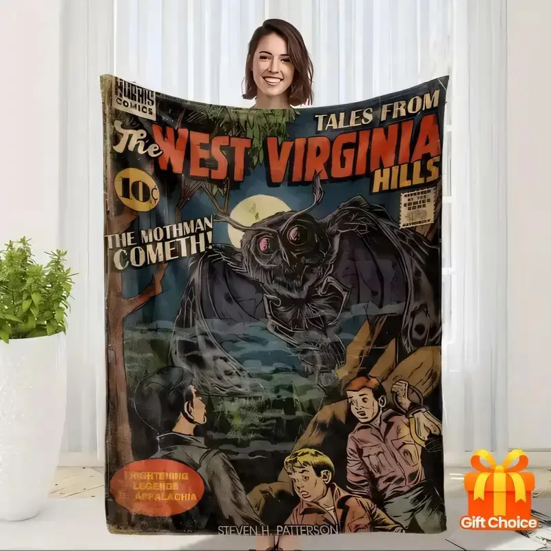 Mothman Tales From The West Virginia Hills Vintage Comic Flannel Blanket, Retro Cryptid Horror Comic Cover Print Throw Blanket, Cryptid Fan Sofa Bed Blanket
