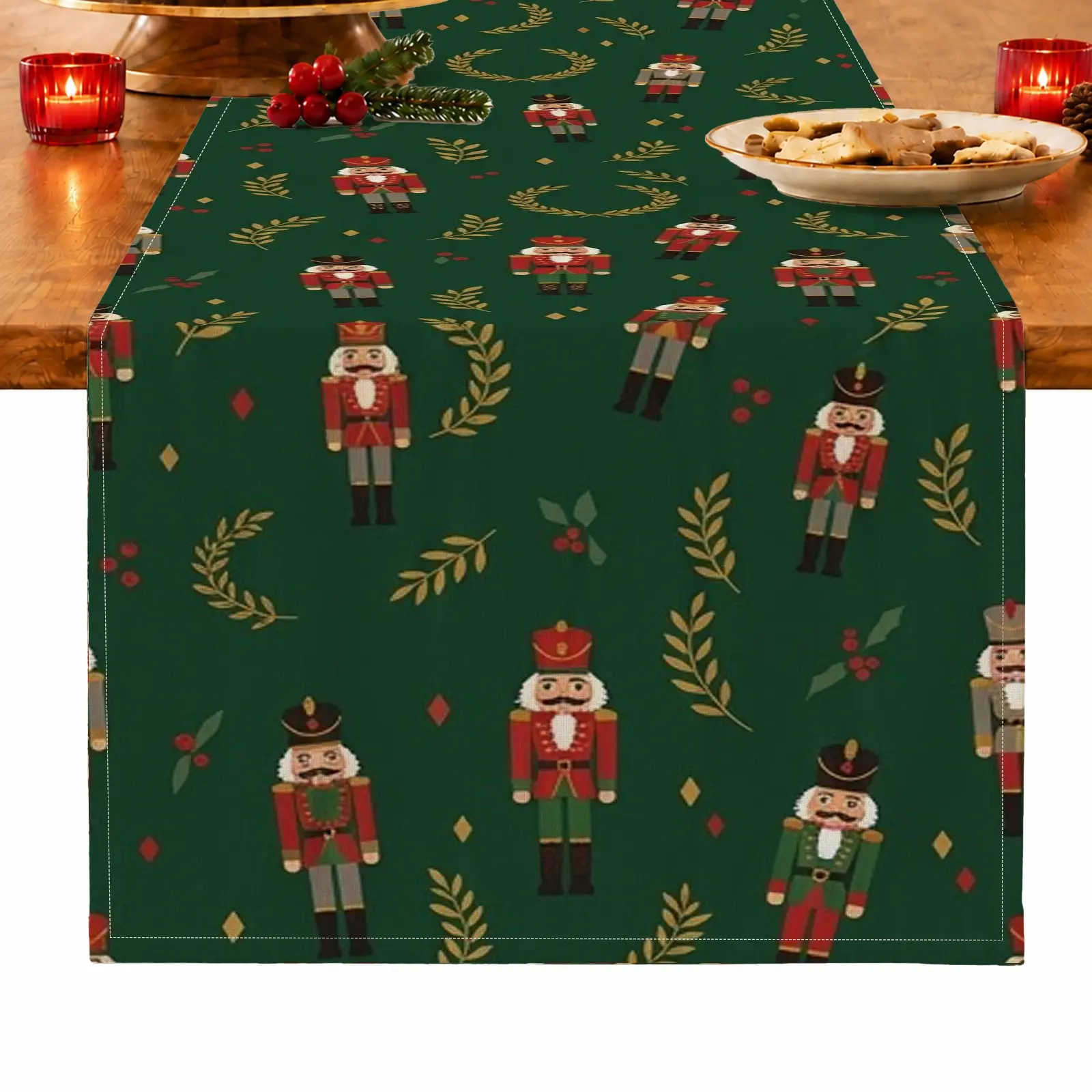 1pc Nutcracker & Holly Table Runner, Single Piece, Rustic Christmas Style, for Dining Table, Kitchen, Dining Room & Home Decor, Christmas Table Decoration and Festive Home Decor