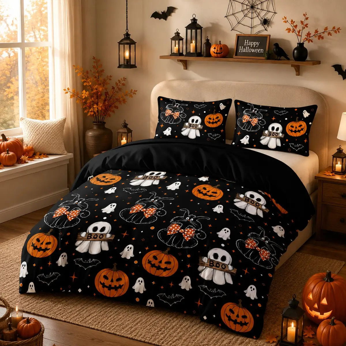 3 Piece Halloween Ghost Cat Pumpkin Print Duvet Cover Set, All Season Cartoon Bat Star Boo Holiday Theme Bedding Set, Cute Bedroom Decor