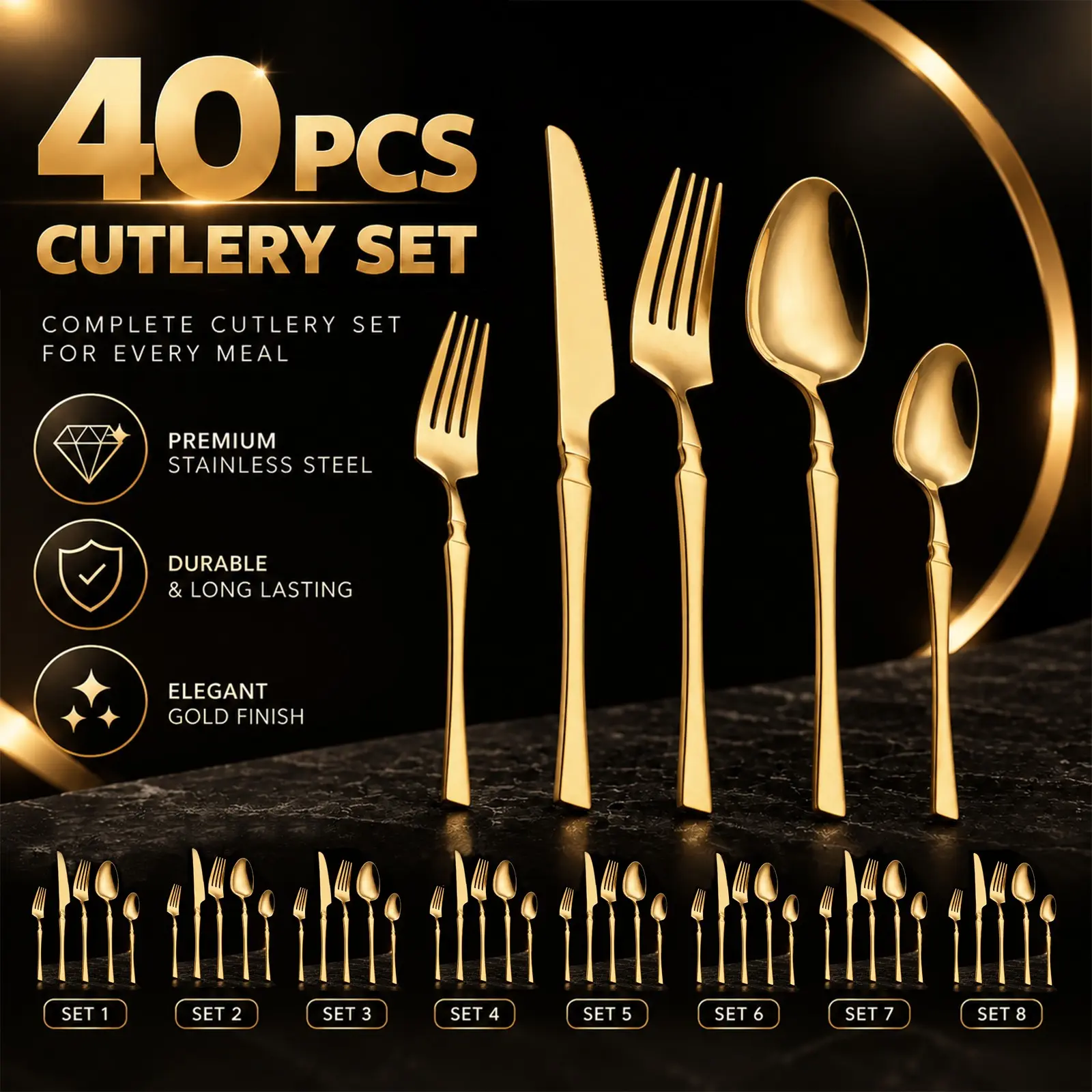 40-Piece Stainless Steel Elegant Cutlery Set, Slim Handle Design, 8-Person Tableware, Dishwasher Safe, Ideal for Home, Kitchen, Restaurant, Stylish Tableware Set