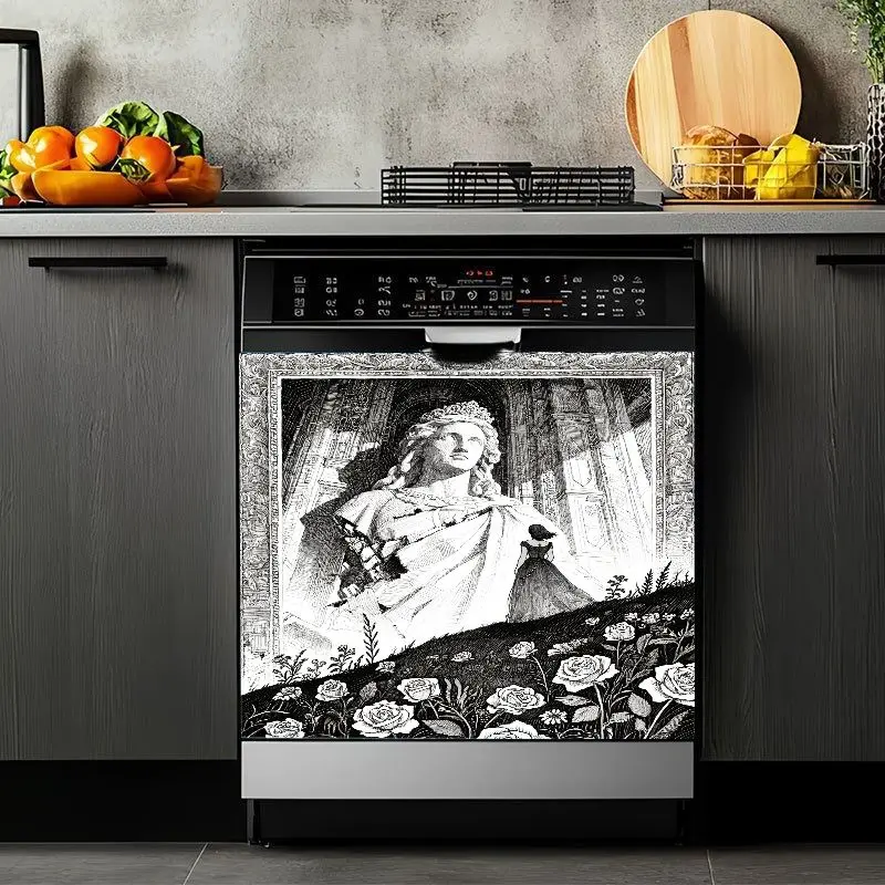 2D Flat 2Pcs Dishwasher Sticker Panel Classical Statue Design with Roses Artistic Black and White Pattern Vintage Style Decorative Appliance Cover for Kitchen Home Refrigerator Washing Machine Cabinet Door Magnetic Removable Waterproof Decal