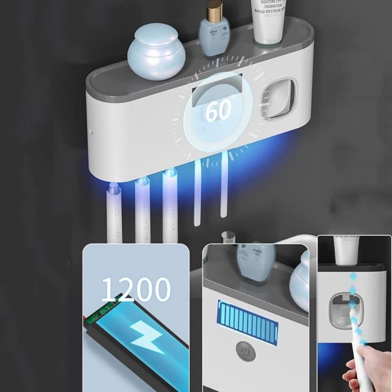 Wall-Mounted Bathroom Toothbrush Holder with UV Sanitizer, Rechargeable Cordless Toothbrush Organizer with Automatic Toothpaste Dispenser, Space-Saving Storage for Toothbrushes and Toothpaste