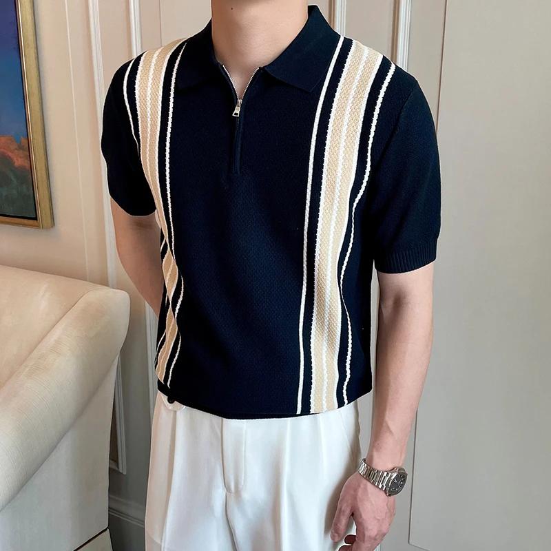Kyn Apparel Luxury Knitted Polo Shirt Mens Striped Contrast Color Zip-up Polo Neck Tops Summer Vintage Slim Fit Short Sleeve Men Polo Shirts