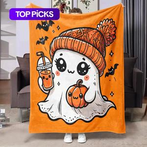 cute ghost pattern blanket, 1 count soft comfortable warm nap throw blanket, air-conditioned room blanket for home office travel dormitory camping, bedroom decor, christmas gifts, christmas decorations