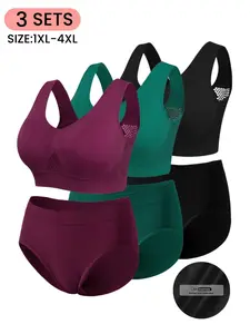 Plus Size Women's Underwear Set, Seamless Wide Strap Bra and High-Waist Comfortable Stretch Panties,Basic Lingerie Suit,All-Season Home Wear