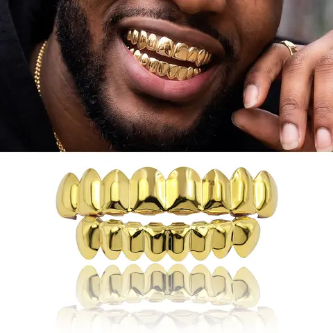 Unisex 2-Piece Silicone Gold Teeth Grillz Set - Hypoallergenic Oral Accessory, Classic Ready-to-Wear Design, Lightweight Mirror Finish, Removable Caps, Aesthetic for Hip Hop Enthusiasts, Everyday Use, Holiday Gift
