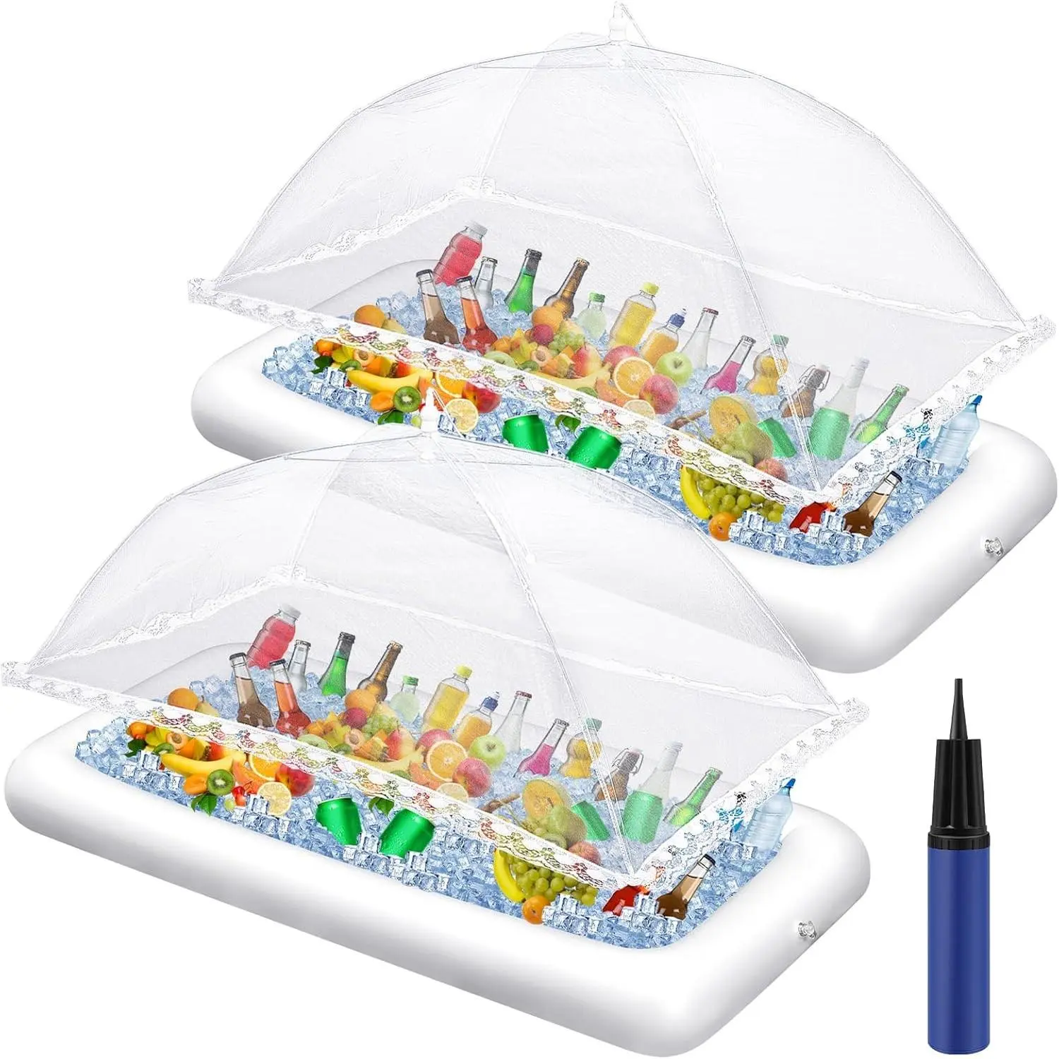 5 Pcs Inflatable Serving Bar Kit Includes Salad Buffet Tray with Drain Plug Mesh Food Cover Food Drink Containers and Inflator for Ice Supplies Summer Party Camping Picnic(White)