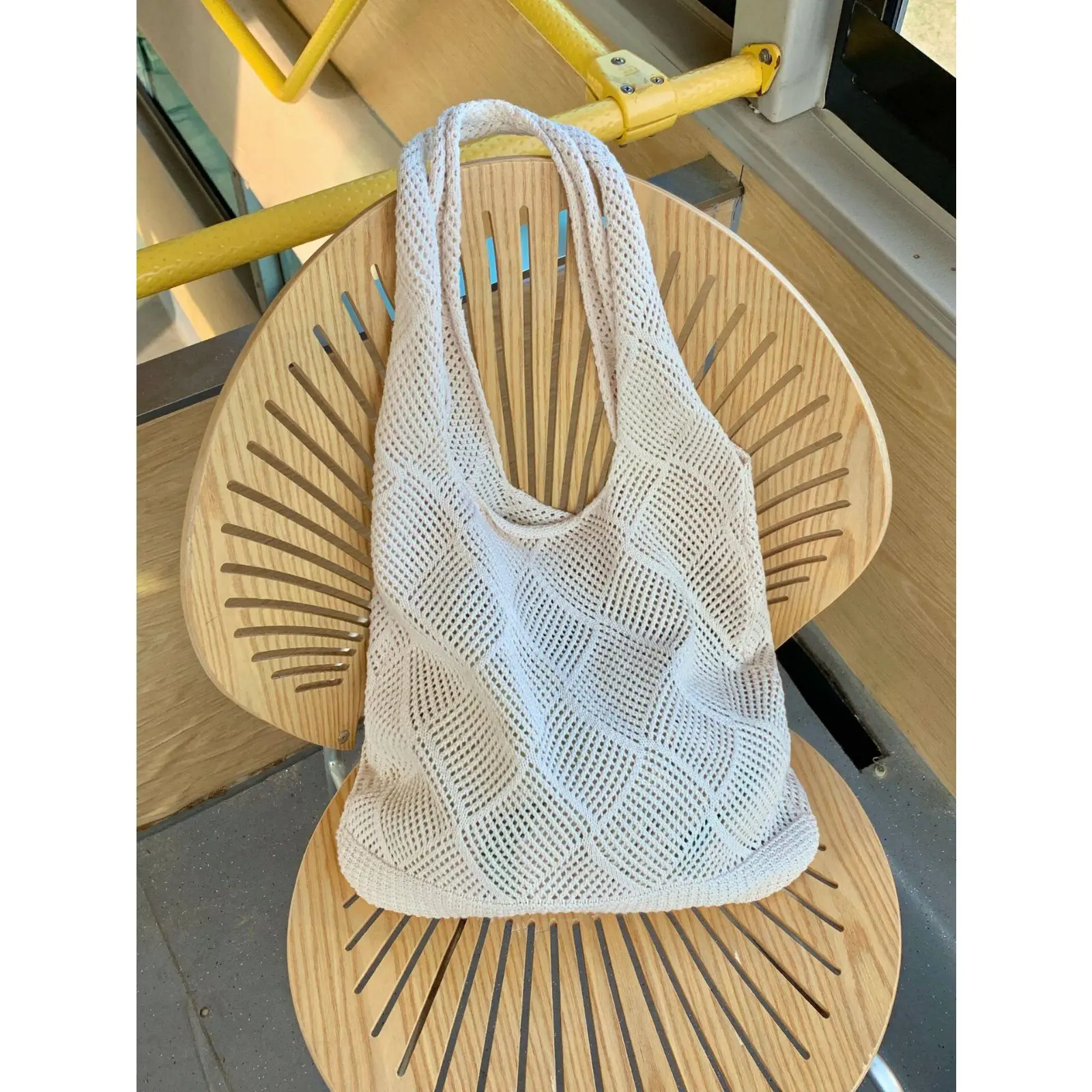 Beige Hollow Crochet Knit Hobo Tote Bag, Summer Vacation Boho Hot Trend Large Shoulder Handbag, Breathable Grid Mesh Woven Casual Underarm Bag, Soft Lightweight Beach Shopping Bag for Travel Daily Commute School Outdoor