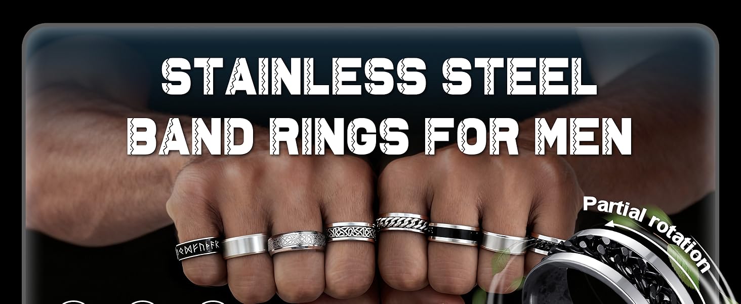 CASSIECA 8 Pcs Stainless Steel Rings for Men High Polished Mens Band Wedding Engagement Fidget Rings Vintage Spinning Rings Size 7-13 Men's Accessories
