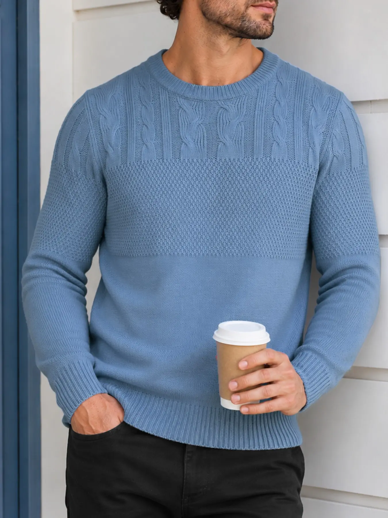 Men's Casual Round Neck Sweater, Colorblock Honeycomb Knit Design, Long Sleeve Loose Fit, Fall & Winter Fashion Knitted Top