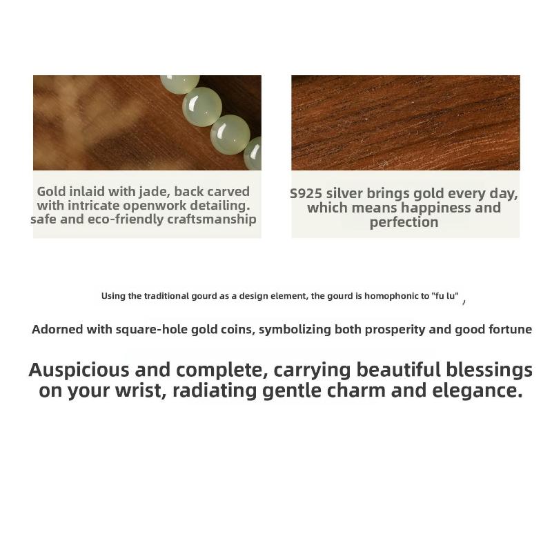 S925 Sterling Silver Hetian Jade Gourd Bracelet for Women Gold Inlaid Jade New Chinese Style National Style Jade Bracelet Light Luxury Exquisite Gift.