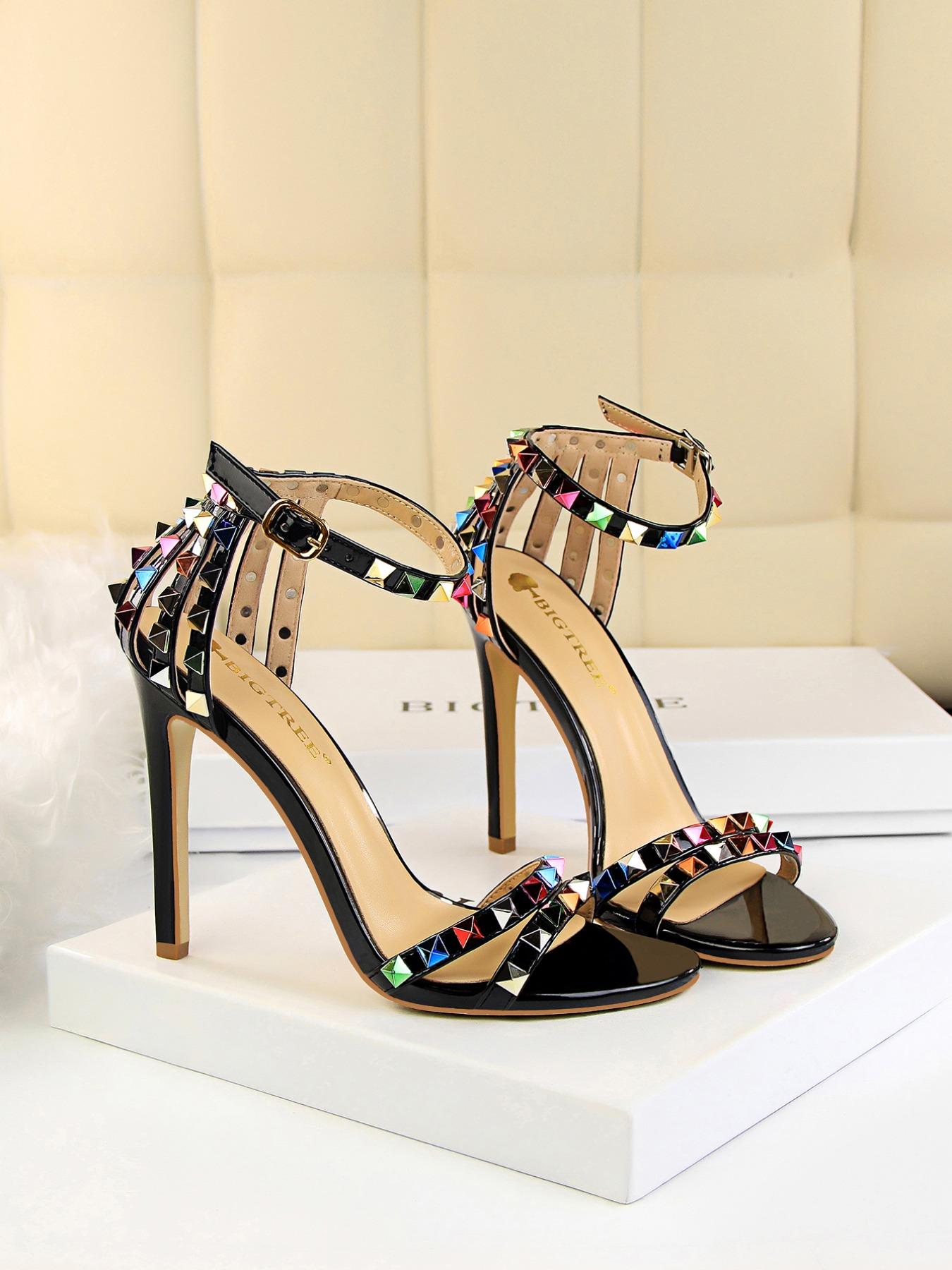 Women's Fashionable Studded Decor Stiletto Heels, Valentine's Gifts for Her, Elegant Heeled Sandals for Party, Banquet, Fashionable Shoes for Daily Wear, Strapy Sandal