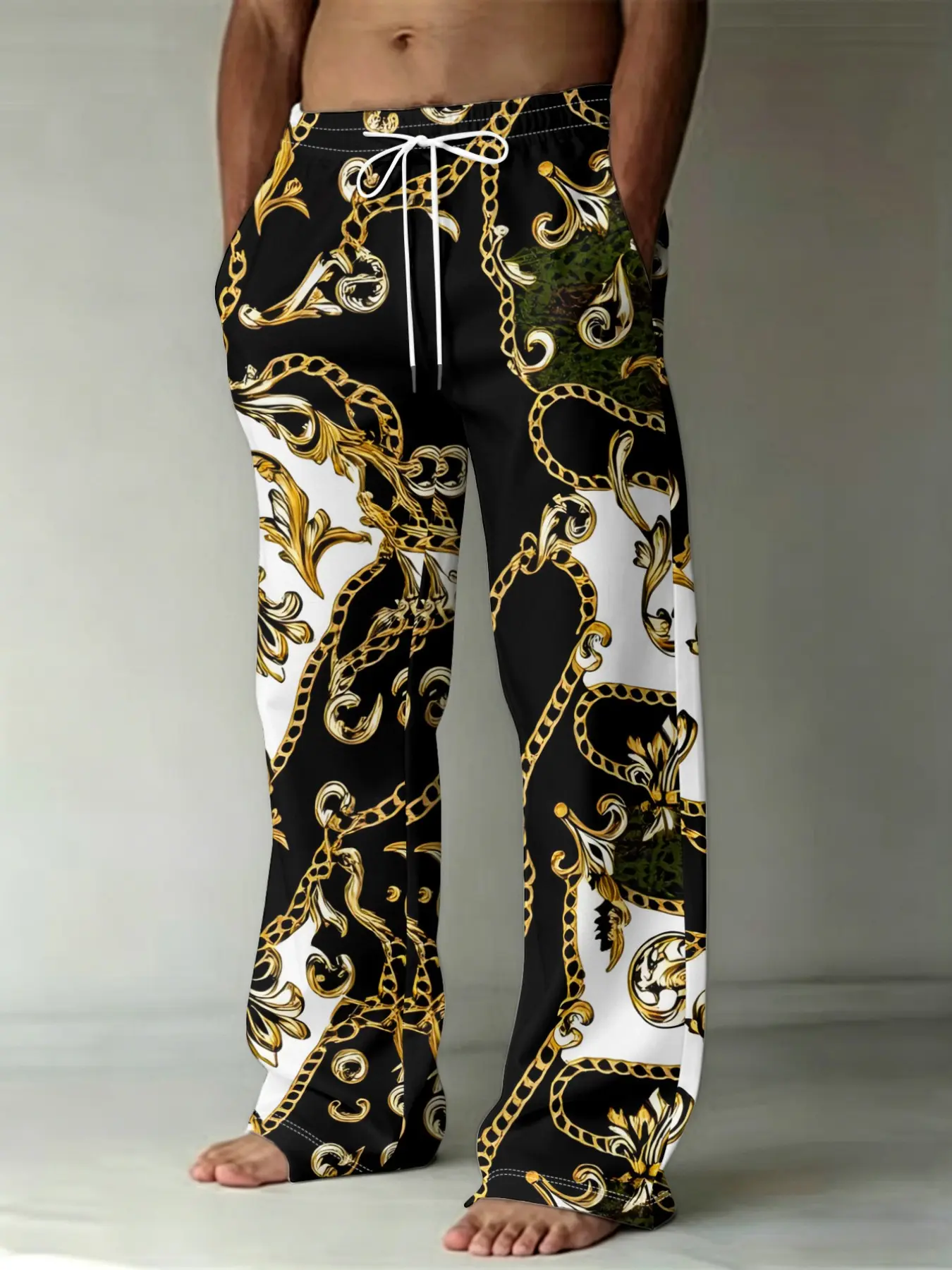 Men's Gold Baroque Chain Print Wide Leg Casual Pants, Drawstring Waist, Loose Fit, All Seasons, Lightweight Luxury Daily Wear, Casual Street Style