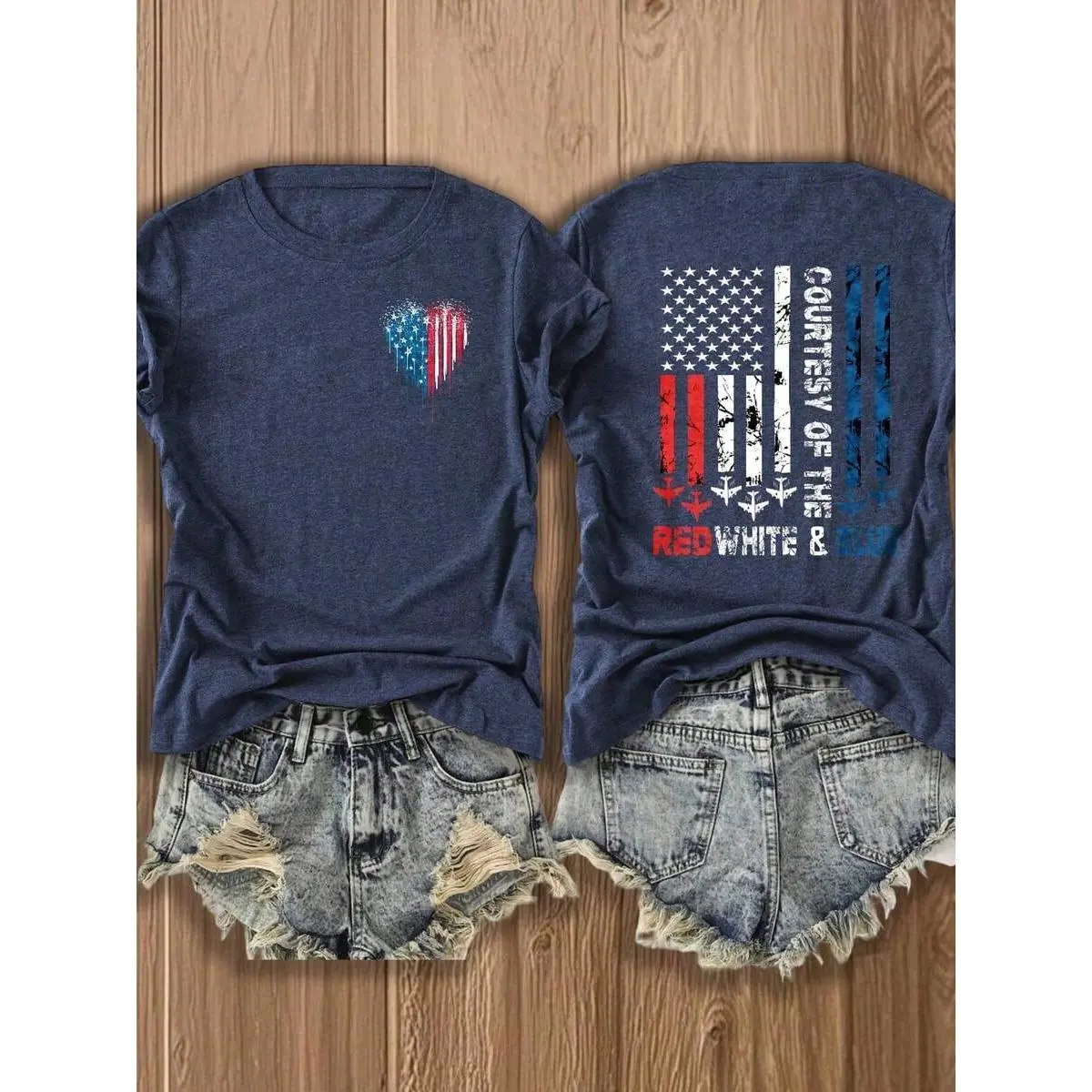 Women's 100% Cotton Round Neck Tee - 3 Styles Patriotic USA Flag Double Sided Print Loose Smooth Summer Top, Soft Breathable Independence Day Vintage Gift, Non-Washed Fabric for Matching Skirts, Butterflies Accents, Jackets, Flannel Layers, Sequin, Comfor