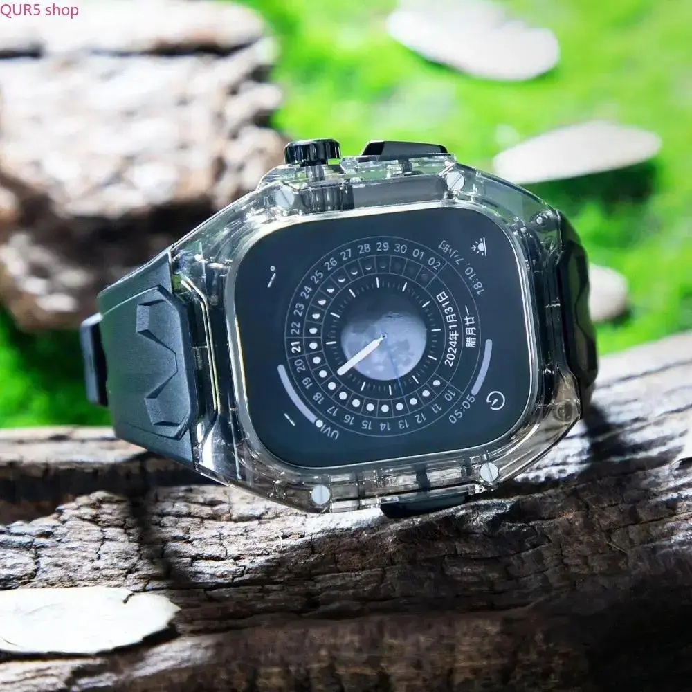 Transparent Protective Case Mod Kit with Soft TPU Watch Band, Stylish Smartwatch Accessories Fit Apple Watch 49mm Ultra & 45/44mm Series 9/8/7/6/5/4 for Sports Outdoor Daily Use