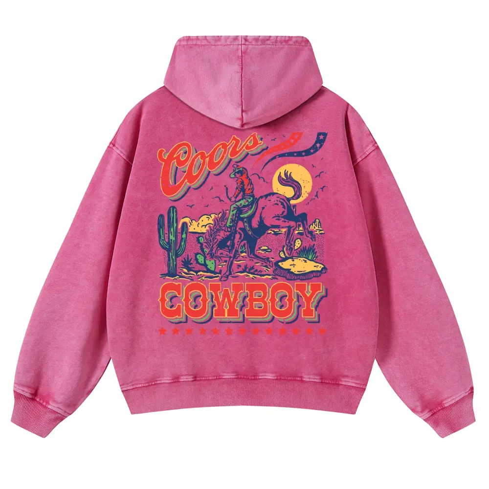 Men's Unisex Vintage Cowboy Graphic Cotton Hoodie - Oversized, Thick, Casual Fit Heavyweight Acid Wash Sweatshirt - Western Rodeo Retro Streetwear Hooded Top for Jeans Pairing
