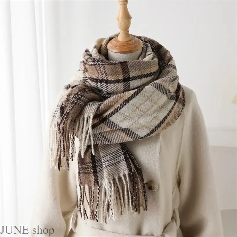 Classic Brown Black Checkered Cashmere Scarf With Elegant Fringe Trim, Fluffy Soft Warm Versatile Shawl As Fashion Accessory For Autumn And Winter Daily Casual Outfits And Cold Weather Outdoor Styling
