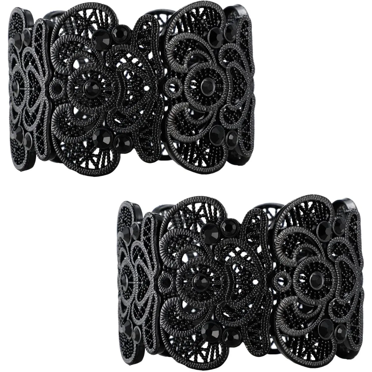 2 count Black Bracelet for Women Gothic  Filigree  Ladies Cuff Bracelets Bohemian Lace Bracelet Lace Cuff Bangle Wide Stretch Rhinestone Statement